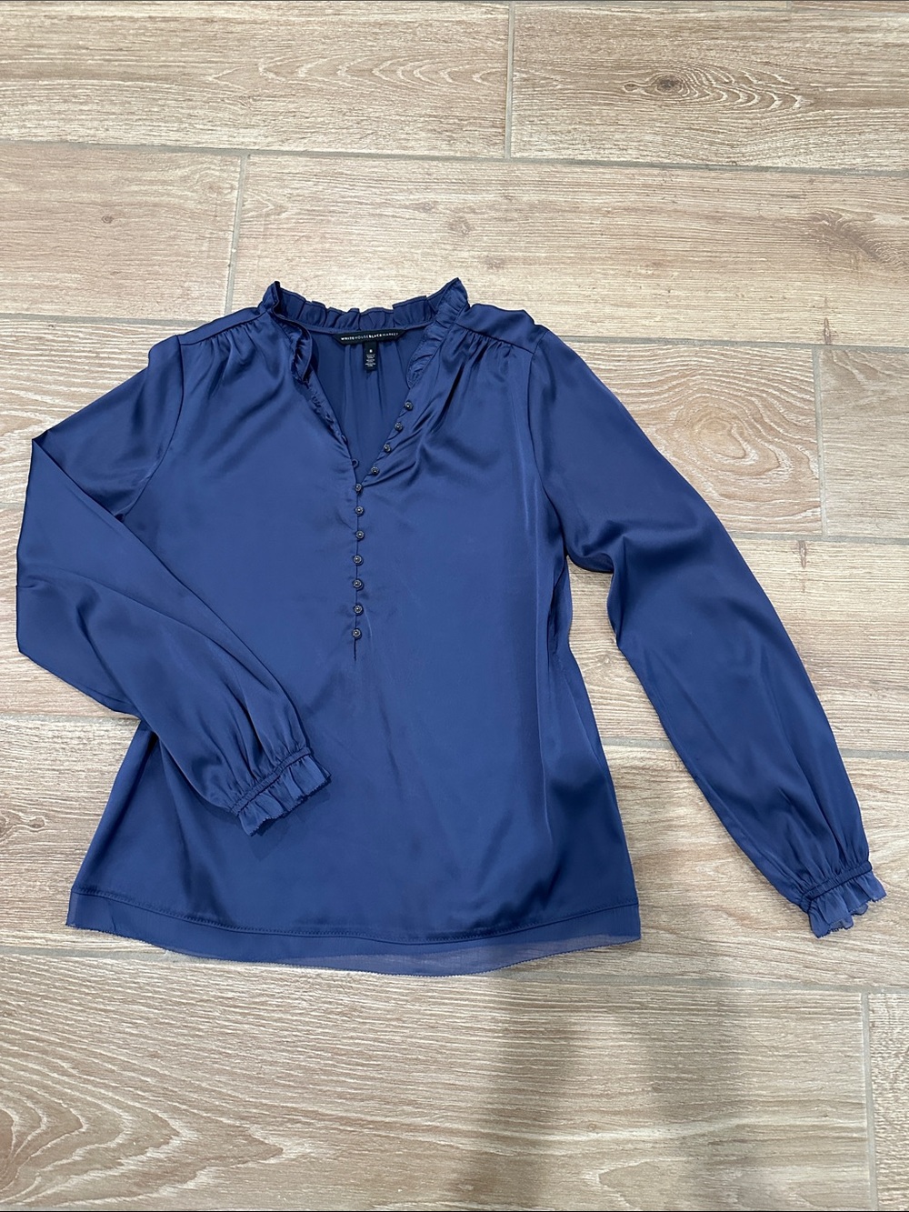 White House Black Market Navy Ruffle-Trim V-Neck Blouse